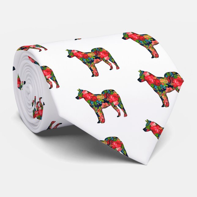Akita Dog Breed Vintage Floral Silhouette Tie (Rolled)