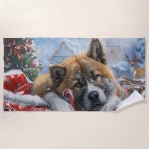Akita Dog Christmas Festive Beach Towel