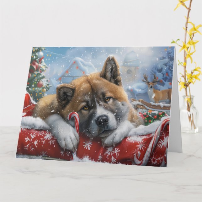 Akita Dog Christmas Festive Card (Yellow Flower)