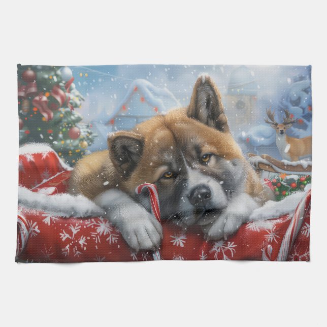 Akita Dog Christmas Festive Tea Towel (Horizontal)