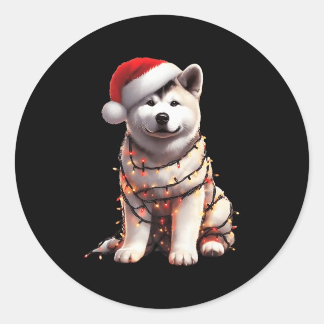 Akita Dog Christmas Lights Santa Hat Dog Lover Pre Classic Round Sticker (Front)