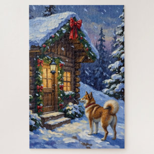 Akita Dog Christmas Log Cabin Holiday Jigsaw Puzzle