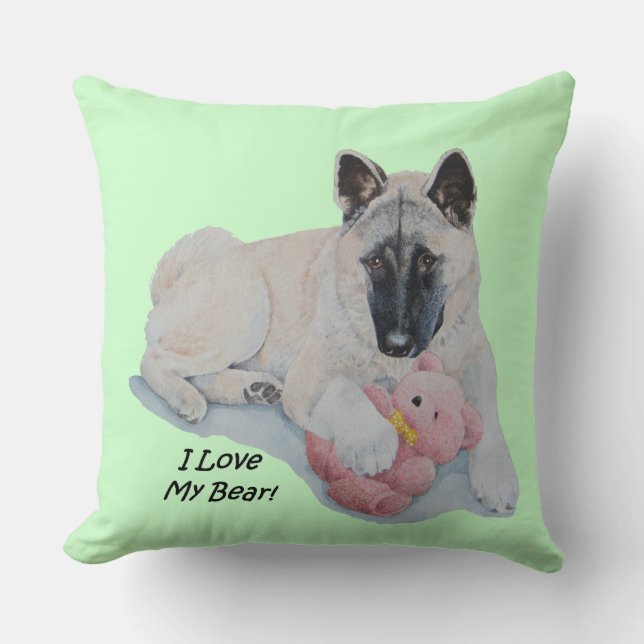Akita dog cuddling pink teddy bear pet portrait cushion (Front)