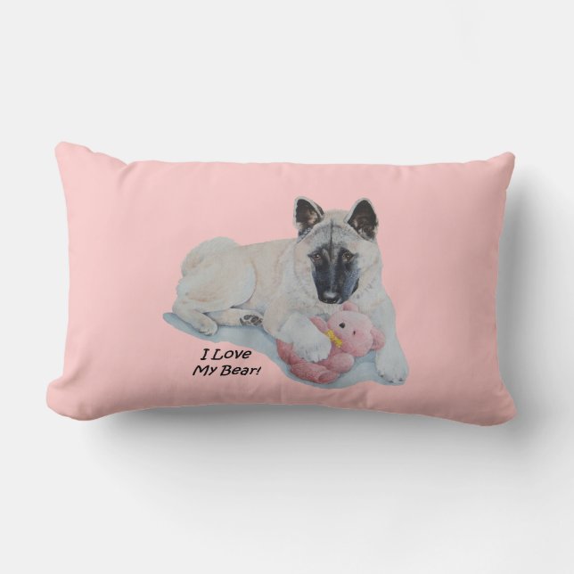 Akita dog cuddling pink teddy bear pet portrait lumbar cushion (Front)