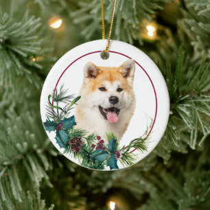 Akita Dog Evergreen Berry Wreath Ceramic Ornament