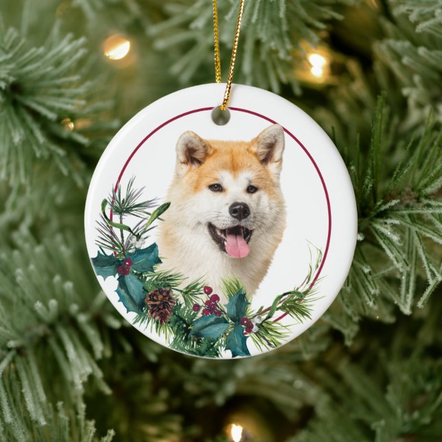 Akita Dog Evergreen Berry Wreath Ceramic Ornament (Tree)