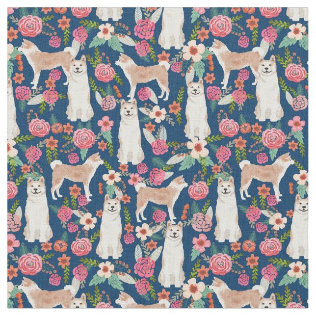akita dog florals navy fabric (Close Up)