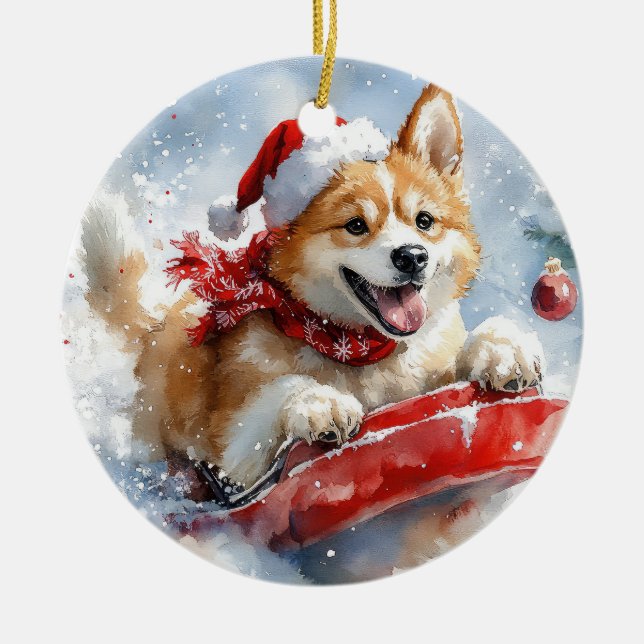 Akita Dog in Sledge Let it Snow Christmas Ceramic Ornament (Front)