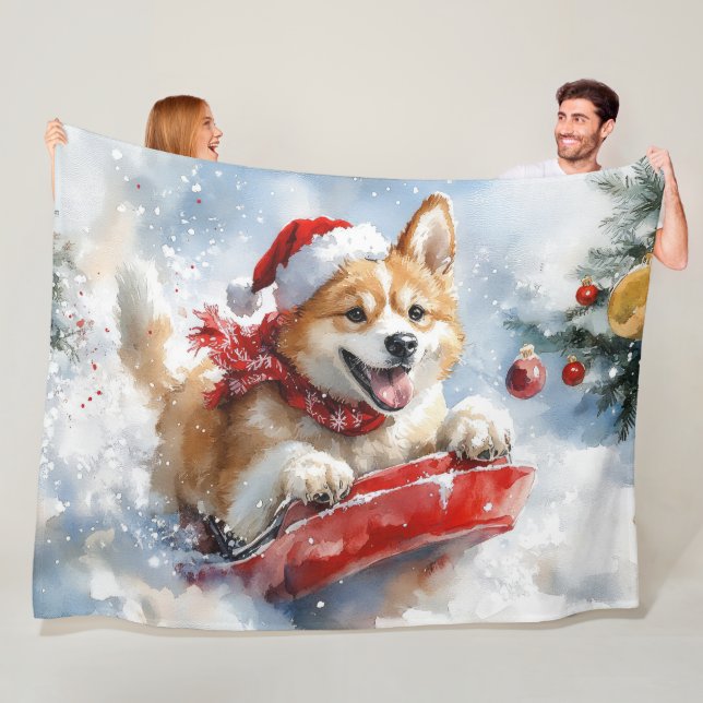 Akita Dog in Sledge Let it Snow Christmas Fleece Blanket (In Situ)