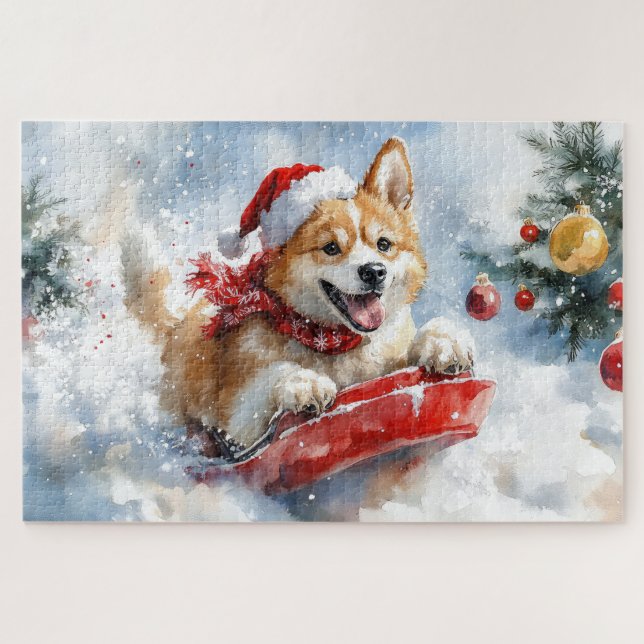 Akita Dog in Sledge Let it Snow Christmas Jigsaw Puzzle (Horizontal)