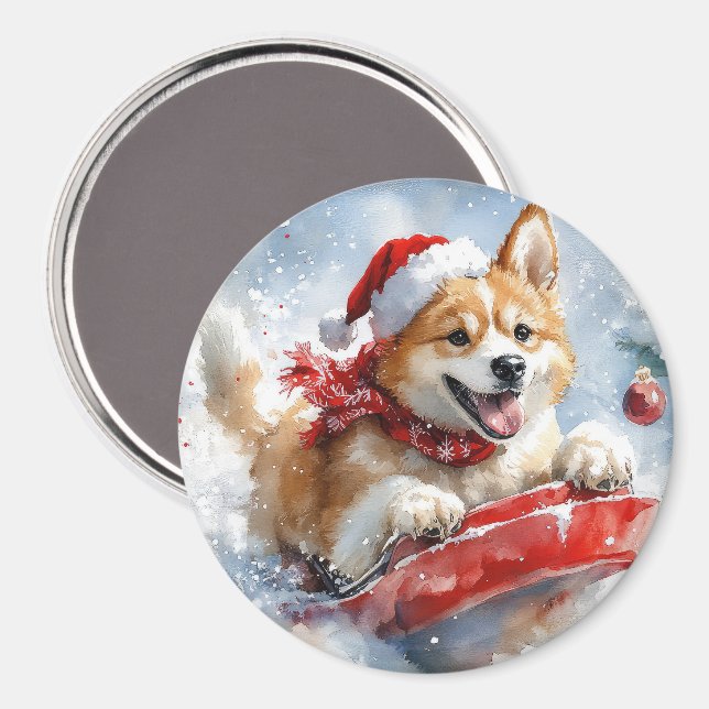 Akita Dog in Sledge Let it Snow Christmas Magnet (Front/Back)