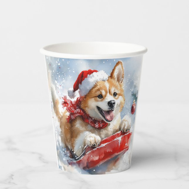 Akita Dog in Sledge Let it Snow Christmas Paper Cups (Front)