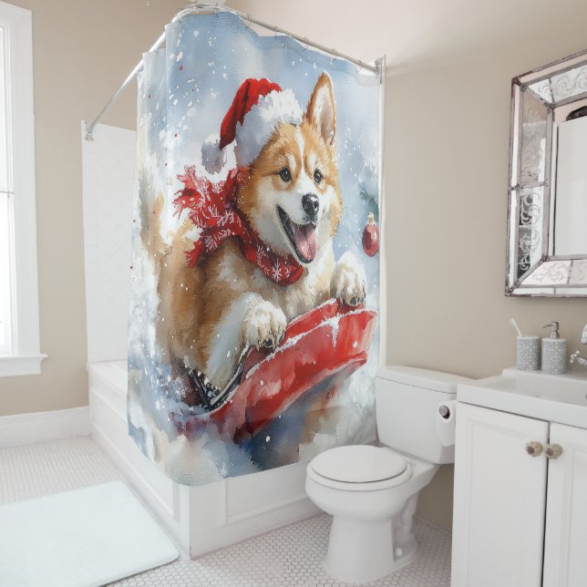 Akita Dog in Sledge Let it Snow Christmas Shower Curtain (In Situ)