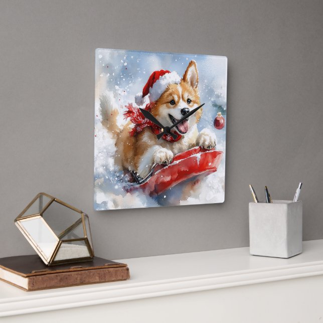 Akita Dog in Sledge Let it Snow Christmas Square Wall Clock (Office)