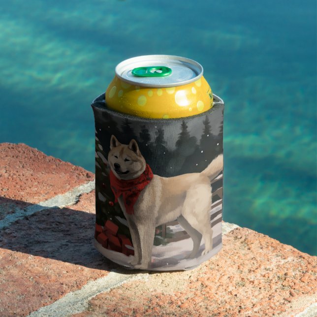 Akita Dog in Snow Christmas Can Cooler (In Situ Pool)