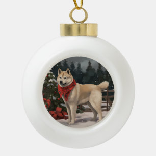 Akita Dog in Snow Christmas Ceramic Ball Christmas Ornament