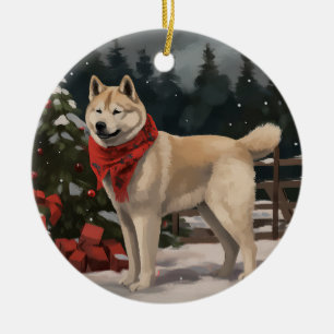 Akita Dog in Snow Christmas Ceramic Ornament