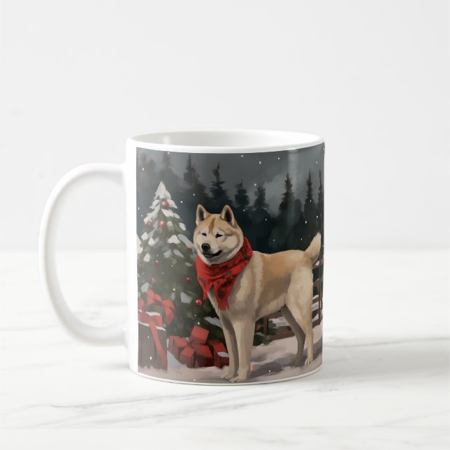 Akita Dog in Snow Christmas Coffee Mug (Left)