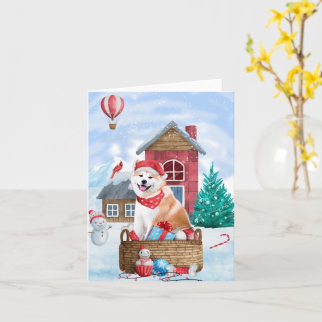 Akita Dog In snow Christmas Dog House Card (Yellow Flower)