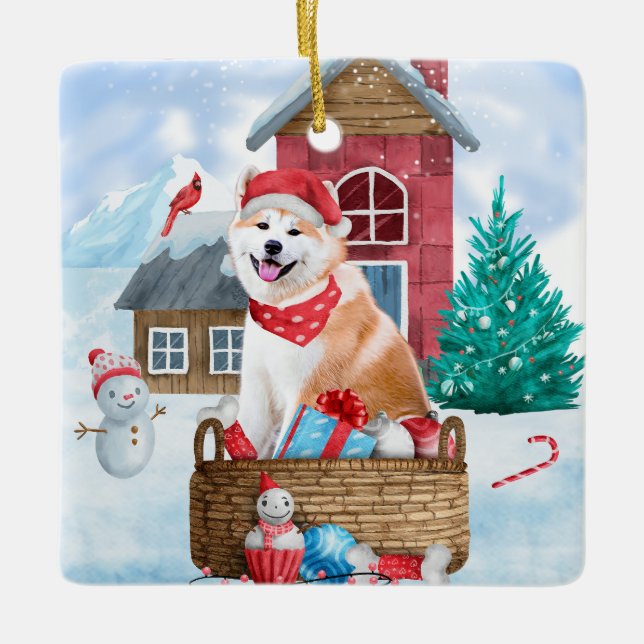 Akita Dog In snow Christmas Dog House Ceramic Ornament (Front)