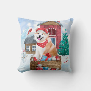 Akita Dog In snow Christmas Dog House Cushion