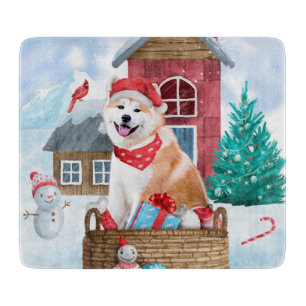 Akita Dog In snow Christmas Dog House Cutting Board