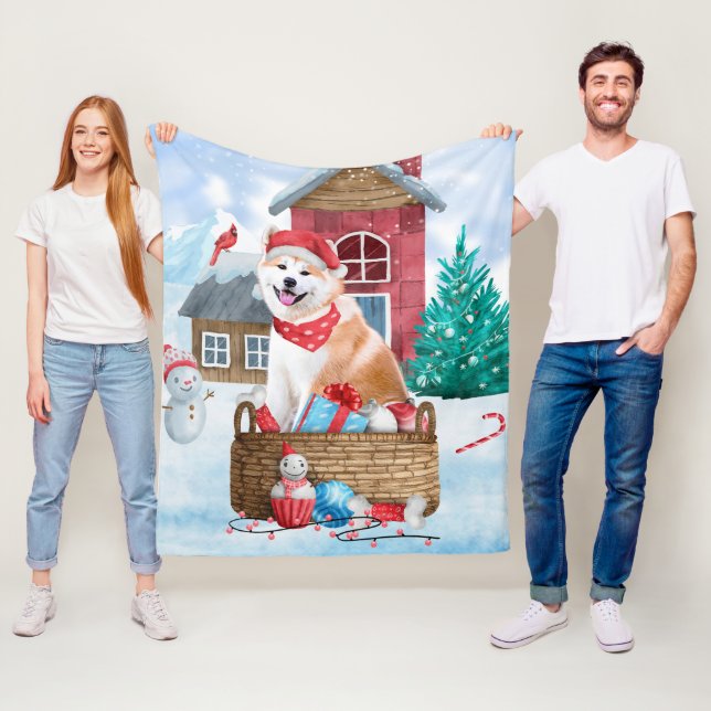 Akita Dog In snow Christmas Dog House Fleece Blanket (In Situ)