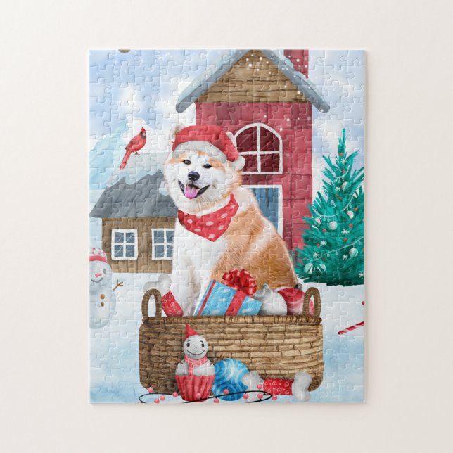 Akita Dog In snow Christmas Dog House Jigsaw Puzzle (Vertical)