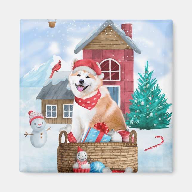 Akita Dog In snow Christmas Dog House Magnet (Front)