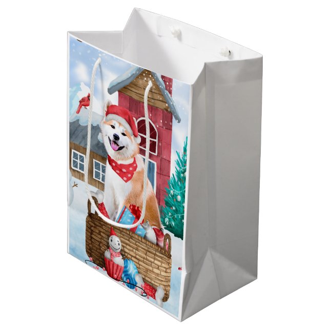 Akita Dog In snow Christmas Dog House Medium Gift Bag (Front Angled)