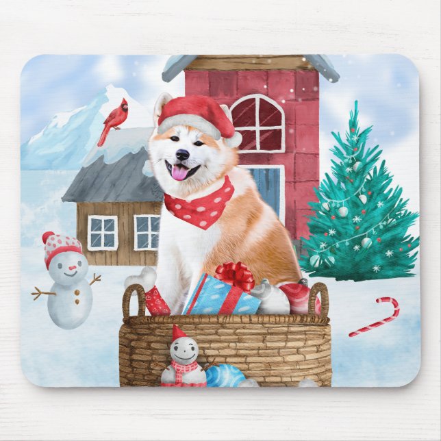 Akita Dog In snow Christmas Dog House Mouse Pad (Front)