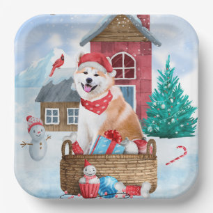 Akita Dog In snow Christmas Dog House Paper Plate