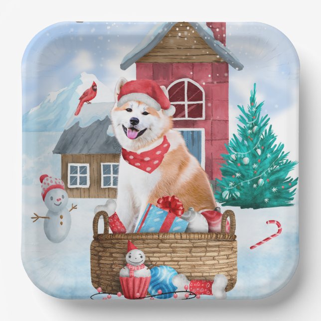 Akita Dog In snow Christmas Dog House Paper Plate (Front)