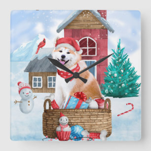 Akita Dog In snow Christmas Dog House Square Wall Clock