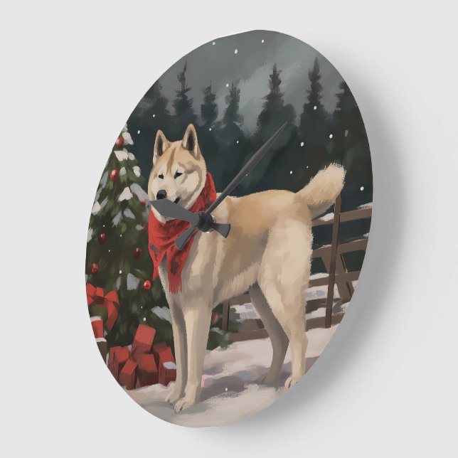 Akita Dog in Snow Christmas Large Clock (Angle)