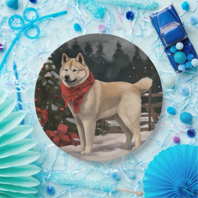 Akita Dog in Snow Christmas Paper Plate (Party)