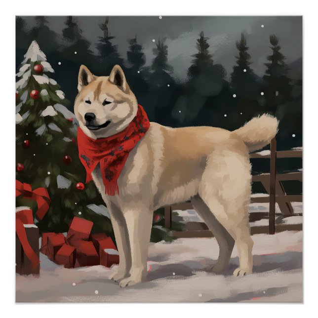 Akita Dog in Snow Christmas Poster (Front)