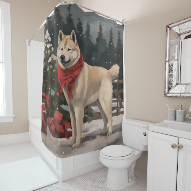 Akita Dog in Snow Christmas Shower Curtain (In Situ)