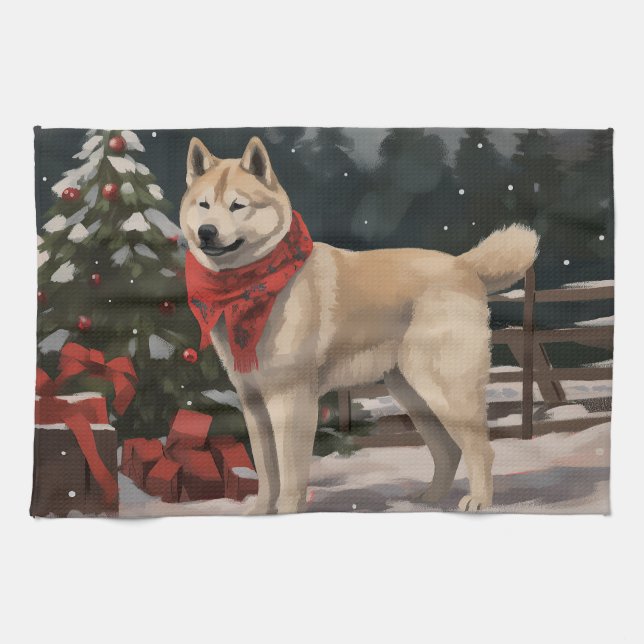 Akita Dog in Snow Christmas Tea Towel (Horizontal)