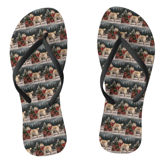 Akita Dog in Snow Christmas Thongs (Footbed)