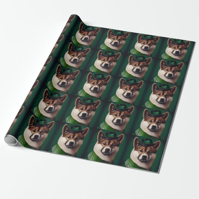 akita dog in St. Patrick's Day Dress Wrapping Paper (Unrolled)