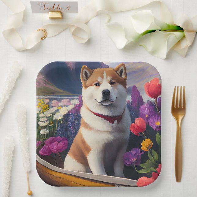 Akita Dog on a Paddle: A Scenic Adventure Paper Plate (Wedding)