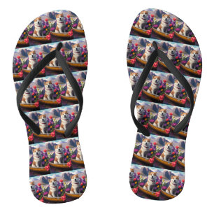 Akita Dog on a Paddle: A Scenic Adventure Thongs