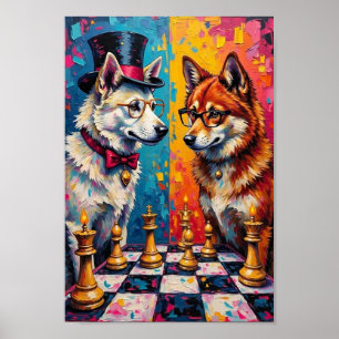 Akita Dog Playing Chess Pop Art Poster
