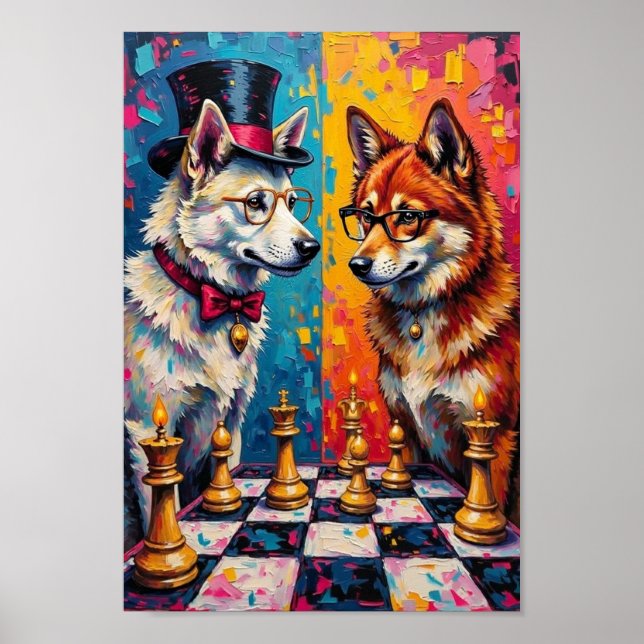 Akita Dog Playing Chess Pop Art Poster (Front)