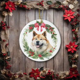 Akita Dog Red Bow Holly Wreath Ceramic Ornament
