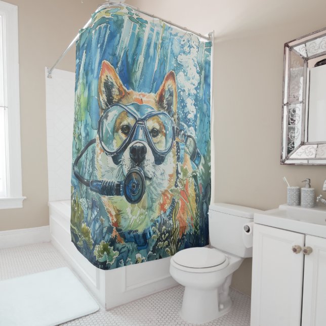 Akita Dog Scuba Diving Underwater Shower Curtain (In Situ)