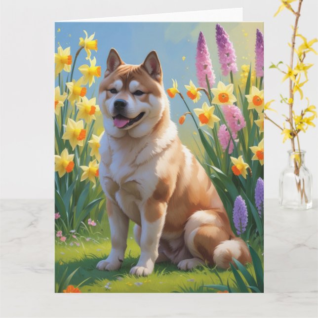 Akita Dog Spring Flowers Painting Card (Yellow Flower)