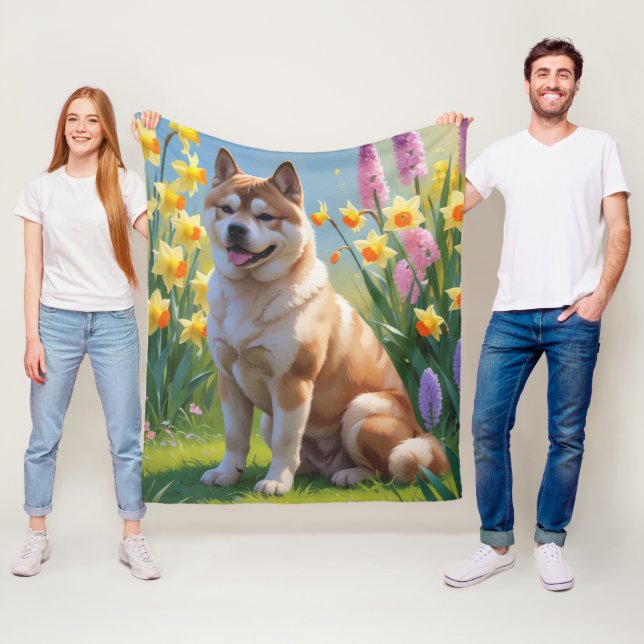 Akita Dog Spring Flowers Painting Fleece Blanket (In Situ)