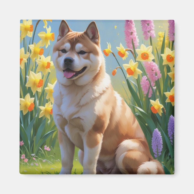Akita Dog Spring Flowers Painting Magnet (Front)